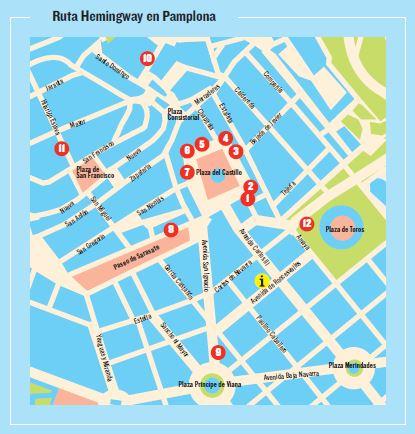 plano de Pamplona con la ruta de Hemingway
